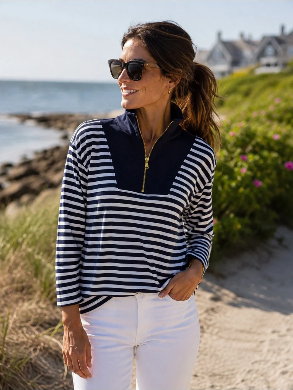 J. Crew Navy and White Striped Half-Zip Fleece Lined Sweatshirt- Large